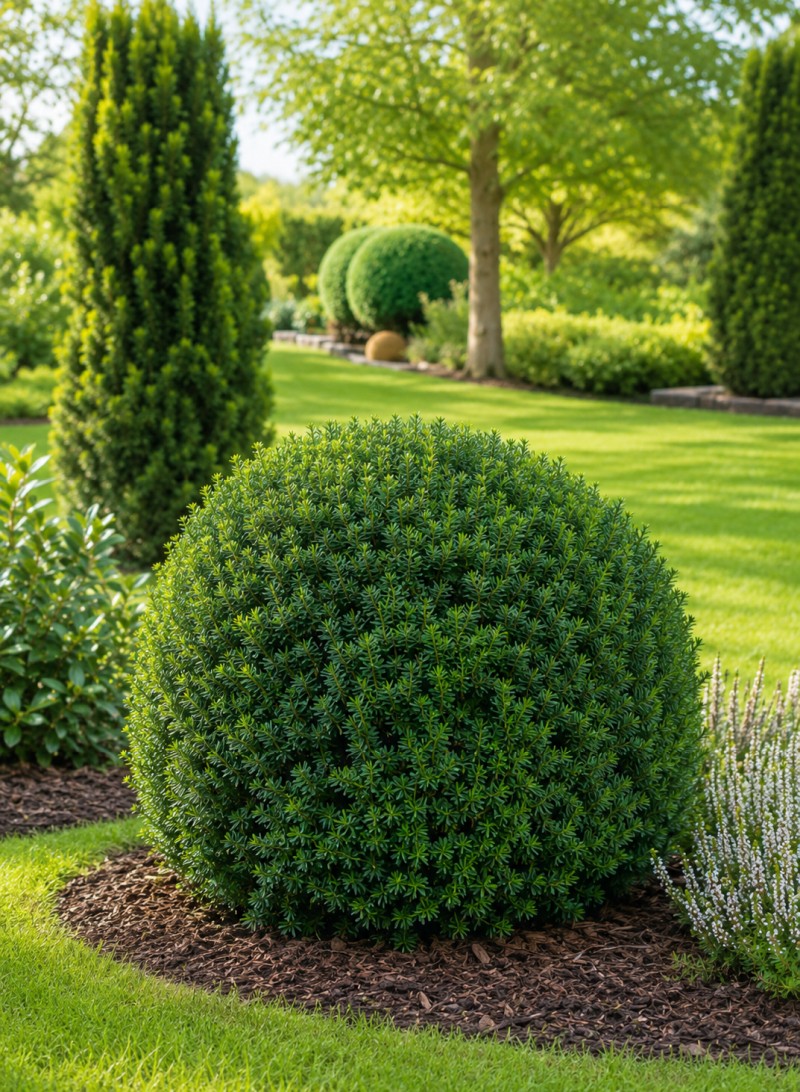 KI-generiertes Bild Taxus media Hillii als Kugel geschnitten